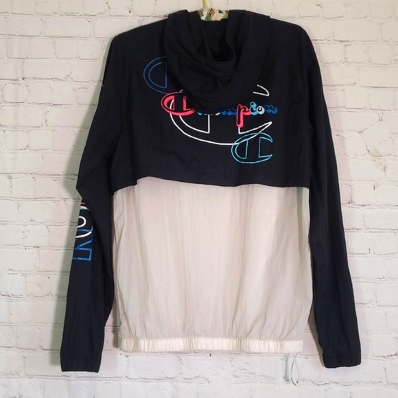 Vintage 90s Champion Spellout Logo Large Print Sleeve Windbreaker Hoodie  Size M - Picture 9 of 16